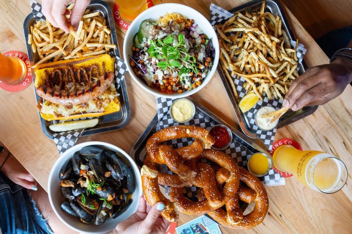 overhead shot of food and beer at Royal City Brewing